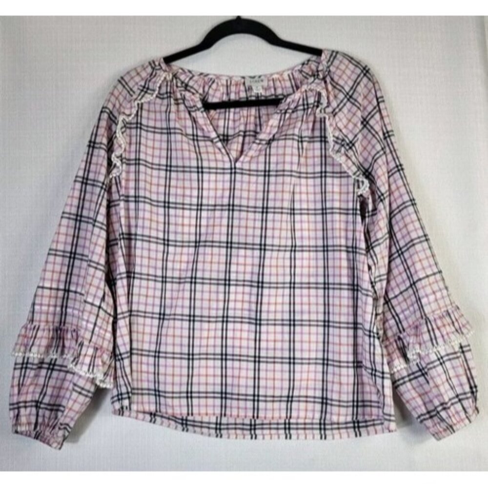 J Crew Women's Size Small Top Smocked Blouse White Lavender Pink Blue Plaid